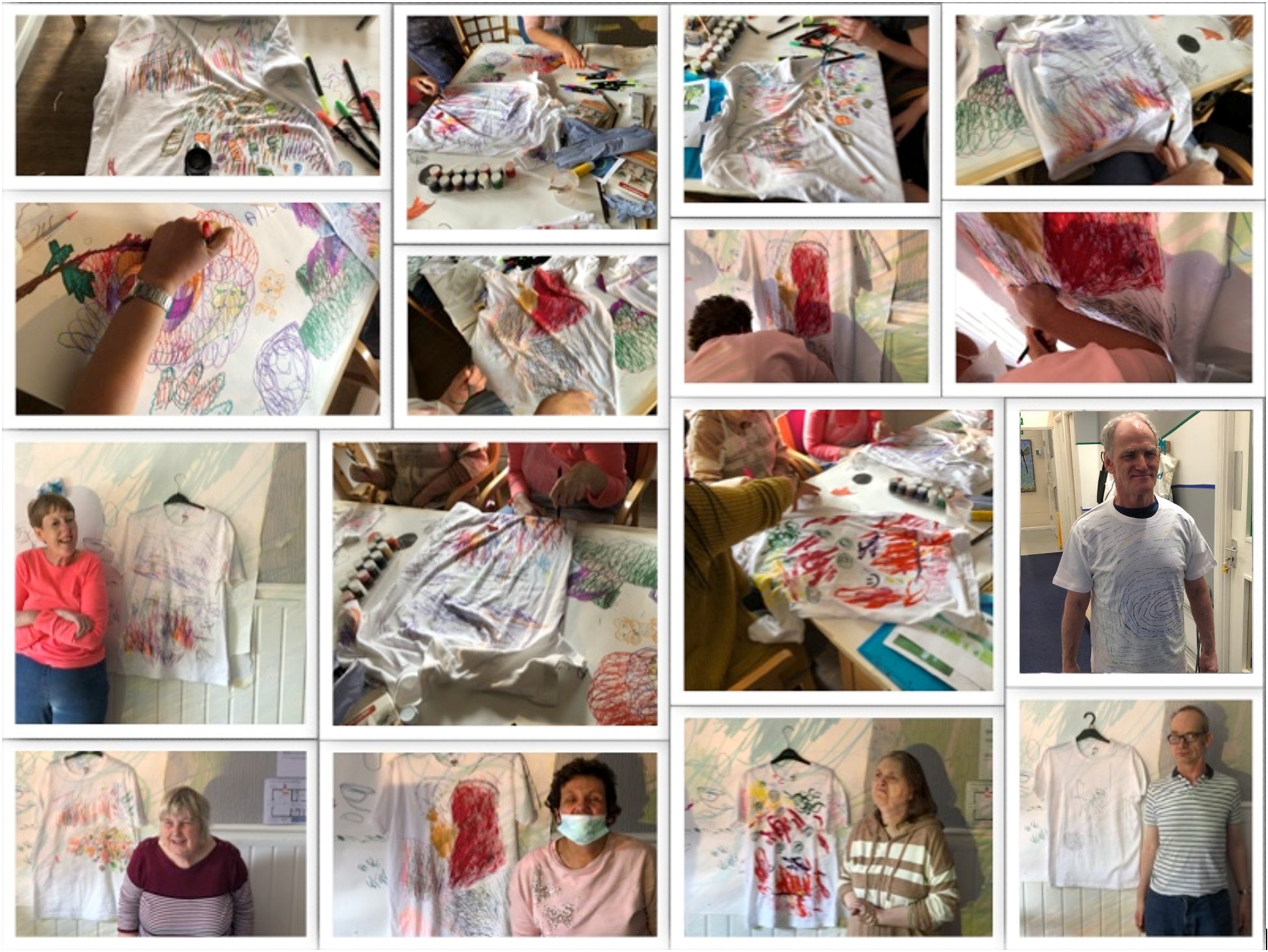 A collage of photos of people taking part in an activity where you design your own tshirt