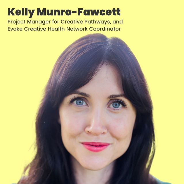 Yellow background with picture of Kelly, with Kelly's full name and job title placed in the top left hand corner