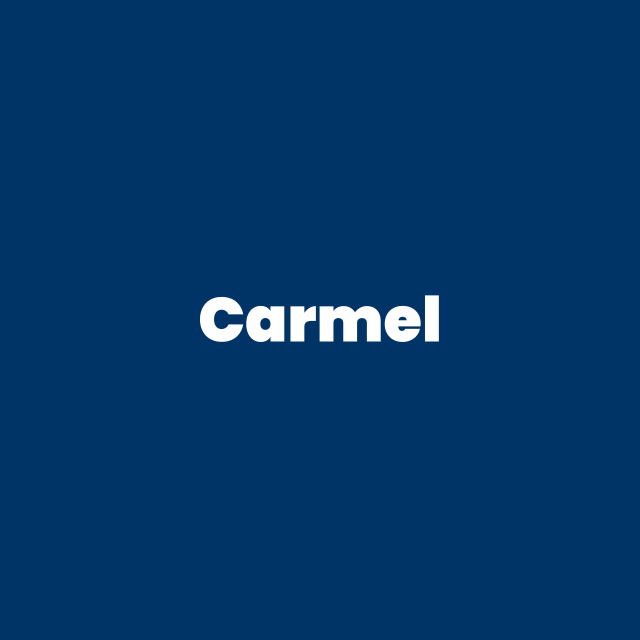 Dark blue square with the name Carmel in the middle