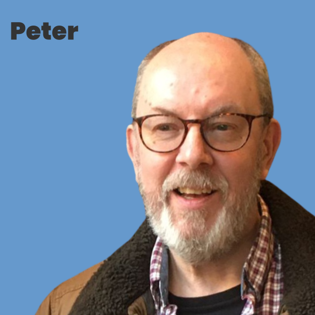 Picture of Peter, white man, grey hair, glasses, jacket on top of checked shirt