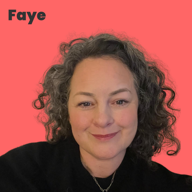 Picture of Faye, white woman, shoulder length brown curly hair, black top