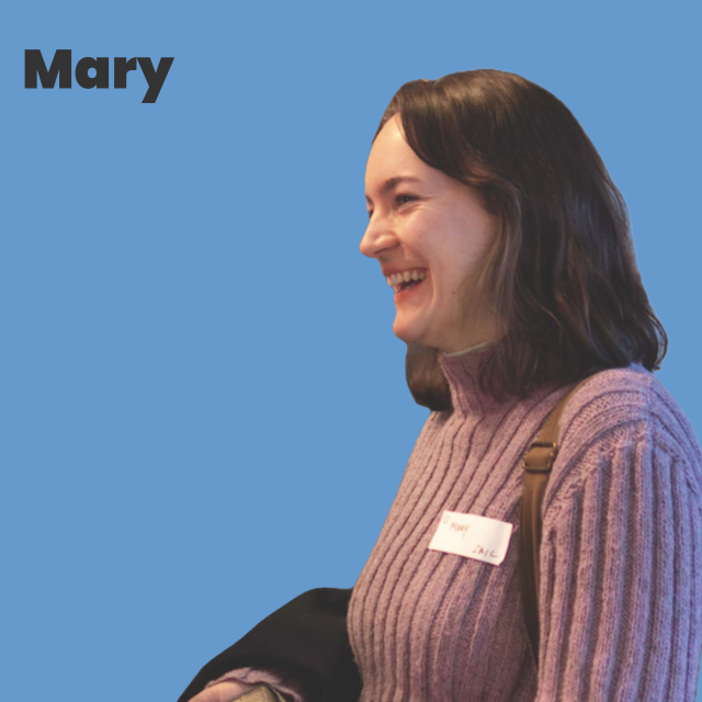 The name Mary on a blue background and a picture of Mary white women, short brown hair